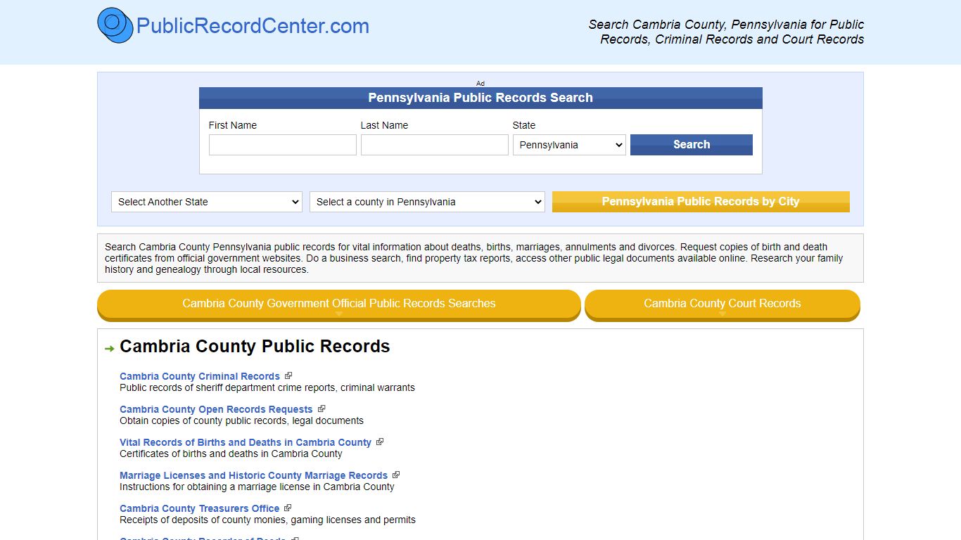 Cambria County Pennsylvania Free Public Records - Court Records ...